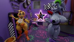 2girls 3d 3d_(artwork) altelier_t big_breasts breasts canine female five_nights_at_freddy's furry roxanne_wolf_(fnaf) tagme toy_chica_(fnaf) wolf