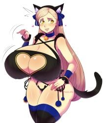 1girls aged_up alternate_breast_size atlus blush breasts breasts_bigger_than_head cat_ears cat_keyhole_bra cat_tail cleavage cleavage_cutout female female_focus heart huge_breasts keyhole_bra lavenza lingerie long_hair massive_breasts persona persona_5 pinkkoffin smile solo thick_thighs thighhighs white_hair wide_hips yellow_eyes