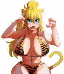 bikini bikini_bottom bikini_top blonde_hair blue_eyes breasts cat_ears cat_tail catgirl freckles huge_breasts large_breasts light-skinned_female light_skin nekomimi solo solo_female solo_focus thick_thighs thor_chan tiger_print virtual_youtuber vrchat