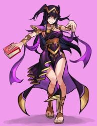 alternate_costume book dancer dancer_(three_houses) dancer_outfit fire_emblem fire_emblem:_three_houses fire_emblem_awakening grin holding_object looking_at_viewer nintendo purple_eyes saiykik standing tharja_(fire_emblem) thighs