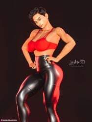 1girls 2022 3d athletic athletic_female black_hair brown_eyes clothed clothing elyna_(lustie3d) female female_only hands_on_hips large_breasts looking_at_viewer lustie3d original_character short_hair slushe_(website) solo solo_female