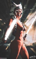 1girls 2022 3d ahsoka_tano alien alien_girl depth_of_field dual_wielding elbow_gloves fanart female female_only fingerless_gloves gloves holding_lightsaber holding_weapon lightsaber long_gloves looking_at_viewer lustie3d medium_breasts nude nude_female orange_body orange_skin pubic_hair sci-fi science_fiction slushe_(website) solo solo_female standing star_wars star_wars_rebels text trimmed_pubic_hair