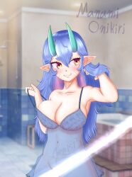 1girls anime_onegai artist_signature babydoll bath bathroom big_breasts blue_hair busty censored cleavage dengeki_onegai female_only genis_brunel genisb horns large_breasts latam_virtual_youtuber long_hair manami_onikiri oni oppai pointy_ears smiling twitch.tv virtual_youtuber voluptuous vtuber yellow_eyes