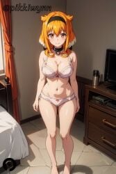 ai_generated animal_ears ass_visible_through_thighs bangs bare_shoulders barefoot bed black_collar black_hairband blush bow bow_bra bow_panties bra breasts brown_eyes cleavage closed_mouth collar curtains dog_ears dog_girl female floppy_ears full_body hair_between_eyes hairband indoors isekai_meikyuu_de_harem_wo large_breasts looking_at_viewer navel orange_eyes orange_hair panties pikkiwynn roxanne_(isekai_meikyuu_de_harem_wo) smile solo standing stomach underwear underwear_only white_bra white_panties