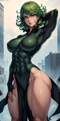 1girls abs ai_generated big_breasts breasts dress female female_only fit fit_female green_hair muscular muscular_female one-punch_man solo tatsumaki thick_thighs vitoryt