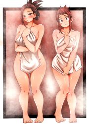 2girls aciashi blush boku_no_hero_academia curvaceous female female_only full_body huge_ass huge_breasts light-skinned_female light_skin looking_at_viewer momo_yaoyorozu multiple_girls my_hero_academia ochako_uraraka shounen_jump tagme thick_thighs tied_hair towel towel_only voluptuous voluptuous_female wide_hips