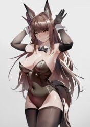 2024 alternate_costume animal_ear_fluff animal_ears arknights black_bow black_bowtie black_gloves black_leotard black_thighhighs bow bowtie breasts brown_hair cleavage closed_mouth covered_navel detached_collar elbow_gloves female franka_(arknights) gloves grey_background hand_up hi_res krirk large_breasts leotard long_hair looking_at_viewer playboy_bunny simple_background solo tail thighhighs thighs yellow_eyes