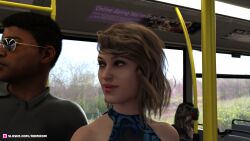 2020 3d after_sex blonde_hair blue_dress bus bus_interior dark-skinned_male dress female female_focus lipstick public red_lipstick romirom slushe_(website) smile solo_focus vehicle_interior