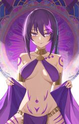 armlet belly_dancer belly_dancer_outfit bocas_top body_markings dwisketch harem_girl harem_outfit large_breasts loincloth looking_at_viewer purple_eyes purple_hair shoko_the_alien two_tone_hair