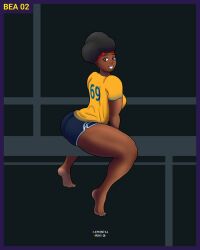 ass barefoot bea_(duolingo) big_ass clothed clothing dark-skinned_female dark_skin duolingo elementaleros feet female female_only human looking_at_viewer shirt shorts simple_background smiling thick_thighs thighs