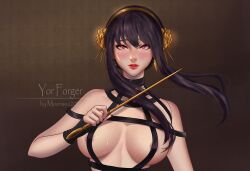 asian assassin black_hair diadem female female_only fringe killer moonsuu2020 pale-skinned_female petite red_eyes red_lipstick shy spy_x_family stiletto_(weapon) string_bra thorn_princess weapon yor_briar yor_forger