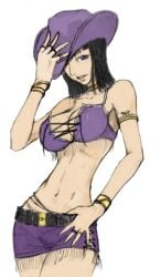 1girls artist_request black_hair blue_eyes breasts cleavage cowboy_hat cowboy_western female female_only fit_female hat jewelry light-skinned_female long_hair looking_at_viewer mature_female midriff miss_all_sunday navel nico_robin one_piece pre-timeskip short_hair slim_waist solo source_request whiskey_peak white_background wide_hips