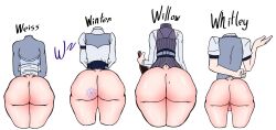 1boy 3girls ass ass_comparison ass_focus ass_size_chart big_ass bubble_butt dat_ass rwby shadowguy shadowguynsfw tagme weiss_schnee whitley_schnee willow_schnee winter_schnee wispernsfw