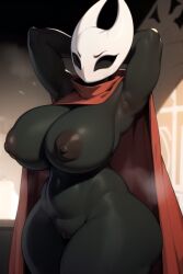 1girls ai_generated big_breasts black_eyes daidouji_(artist) daidoujipv hands_behind_head hollow_knight hornet_(hollow_knight) insect_girl looking_at_viewer nipples no_bra no_panties nude odor pussy_lips red_cape thick_thighs wide_hips