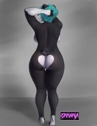 absurd_res anthro ass bear big_butt blue_hair breasts erharia female genitals grey_background hair heart_(marking) hi_res looking_away mammal nude pose pussy rear_view side_boob simple_background smile solo