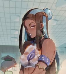 1girls armband armbands breasts choker dark-skinned_female dark_skin earrings erect_nipples eyeshadow female human lipstick locker_room long_hair looking_at_viewer milo_(pokemon) nessa_(pokemon) nipples parted_lips pokemon pokemon_ss see-through see-through_clothing small_breasts solo_focus thiccwithaq wet_clothes