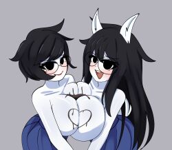 2girls black_hair breast_on_breasts breast_press chocolate chocolate_on_breasts glasses homestuck incest jade_harley jane_crocker long_hair multiple_girls phasmomo short_hair skirt valentine's_day