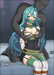 1boy 1girls aqua_hair arms_behind_back bare_thighs bed blue_hair blush bodystocking bondage boots bound bound_arms bound_legs braid breast_grab breasts captured chloe_(fire_emblem) cleavage cloth_gag collarbone covered_navel deep_skin double_breast_grab elbow_gloves embarrassed female female_focus femsub fire_emblem fire_emblem_engage flower frown gag garter_straps gloves green_eyes groping improvised_gag just_some_guy long_hair male maledom medium_breasts molestation nintendo on_bed pelvic_curtain rape restrained rope rose sitting solo_focus thigh_boots thighs very_long_hair