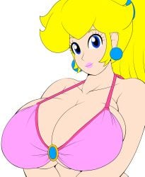 1girls bikini bikini_top blonde_hair blue_eyes breasts bursting_breasts busty cleavage earrings female female_only huge_breasts human jewelry large_breasts lipstick looking_at_viewer mario_(series) milf nintendo nintyalex ponytail princess_peach recolor smile solo speeds tied_hair v_arms voluptuous