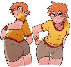 1boy blush bulge clothing fully_clothed male orange_hair pants sabobonds scott_pilgrim scott_w_pilgrim shirt skinny solo tight_clothing white_background wristband