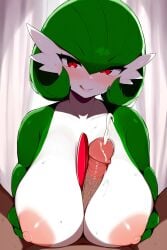 1boy 1girls ai_generated alteryors blush cum cumshot cute ejaculation ejaculation_between_breasts game_freak gardevoir green_hair huge_breasts interspecies large_breasts licking_lips light-skinned_male looking_at_viewer motherly nintendo nipples novelai paizuri pale_skin penis penis_between_breasts pokémon_(species) pokemon pokemon_(species) pov red_eyes smile tender titjob