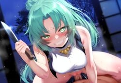 07th_expansion ai_generated censored cowgirl_position green_eyes green_hair higurashi_no_naku_koro_ni knife maverick mion_sonozaki no_panties no_skirt yandere