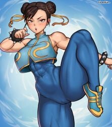 1girls 2024 2d abs asian asian_female ass blue_background blue_nails blush blush_lines bracelet breasts brown_eyes cameltoe capcom cheekie0 chinese_girl chun-li clothed clothing color earrings female female_only hair_bun leg_up light-skinned_female light_skin looking_at_viewer muscular muscular_arms muscular_female muscular_thighs navel open_mouth painted_nails pose pussy shoes sneakers solo solo_female spiked_bracelet standing_on_one_leg street_fighter street_fighter_alpha thick_thighs thighs