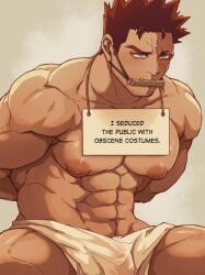 1boy abbbby_28 abs arms_behind_back bara beard_stubble beefy biceps big_areola big_breasts big_nipples blue_eyes boku_no_hero_academia burn_scar eight_pack endeavor_(boku_no_hero_academia) endeavor_(my_hero_academia) enji_todoroki frown gag gagged gay genital_outline hairy hi_res huge_nipples humiliation hunk male male_breasts male_only manly mature_male mouth_gag muscles muscular muscular_arms muscular_legs muscular_male muscular_thighs my_hero_academia neckwear oppai pecs plank plaque practically_nude public_nudity punishment quadriceps red_hair restrained restrained_arms scar scar_on_face short_hair simple_background six_pack solo solo_male spiky_hair spread_legs stare teeth_showing text thick_arms thick_thighs topless tough_guy towel towel_around_waist towel_only translucent_clothing v-shaped_eyebrows yaoi