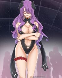 1girls big_breasts big_penis breasts edens_zero fairykdrawing hair_covering_eye hair_ornament hair_over_one_eye holy_(edens_zero) long_hair looking_at_viewer purple_hair red_eyes red_swimsuit sole_female standing swimsuit tagme