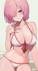 1girls absurdres arms belly belly_button bikini breasts breasts cleavage closed_mouth collarbone commentary elbow fate/grand_order fate_(series) female female female_focus female_only fingers groin hair_over_one_eye hand_on_chest hand_on_own_chest hands head_tilt highres hourglass_figure large_breasts light-skinned_female light_skin looking_at_viewer mash_kyrielight midriff navel neck pink_hair pink_hair_female purple_eyes purple_eyes_female short_hair shoulders simple_background sitting slender_body slender_waist slim_girl slim_waist smile smiling solo sooon stomach string_bikini swimsuit thick_thighs thighs thin_waist tilted_head waist water wet white_background white_bikini white_bikini_bottom white_bikini_top white_swimsuit white_swimwear yellow_background