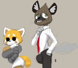 1boy 1boy1girl 1girls aggressive_retsuko aggretsuko ailurid anthro ass big_breasts black_eyes black_pupils bodily_fluids bottomwear breasts brown_body bulge clothed clothing denim denim_bottomwear denim_clothing denim_shorts dress_shirt duo erection erection_under_clothing female green_eyes haida haida_(aggretsuko) hand_in_pocket hyaenid jacket jean_shorts jorts larger_male looking_away looking_back male mammal multicolored_body necktie nipple_outline pants pockets puffy_jacket pupils red_panda retsuko sanrio shirt shorts sixsidesofmyhead size_difference smaller_female smooth_fur spotted_hyena sweat topwear white_jeans_shorts white_legwear white_shorts