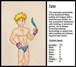 1boy blonde_hair blue_feather blue_underwear character_bio character_sheet feathers fingerless_gloves gay male_focus male_only original_character shirtless solo_male text tickle_fetish ticklish trueticklefanatic tyler tyler_(trueticklefanatic) underwear