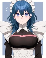 1girls alternate_costume black_dress blue_eyes blue_hair breasts byleth_(female)_(fire_emblem) byleth_(fire_emblem) byleth_(fire_emblem)_(female) closed_mouth dress enmaided expressionless fire_emblem fire_emblem:_three_houses frills gmais2514 hair_between_eyes highres large_breasts long_hair long_sleeves looking_at_viewer maid maid_headdress maid_outfit medium_hair nintendo official_alternate_costume solo teal_hair upper_body