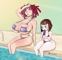 2girls ass big_ass big_breasts big_thighs bikini blush breasts brown_hair button_eyes doll female female_only gigantic_breasts huge_ass huge_breasts huge_thighs jester looking_at_breasts looking_up pomni pomni_(the_amazing_digital_circus) pool ragatha ragatha_(the_amazing_digital_circus) red_hair short_hair sweat sweatdrop sweating tagme the_amazing_digital_circus thick_hips thick_thighs thighs white_body yellow_eyes yeriiko yuri