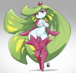 areola areolae bayeuxman big_breasts big_eyelashes boots breasts cameltoe crown eyelashes fingerless generation_7_pokemon green_hair hips long_hair multicolored_body multicolored_hair nintendo nipples plant plant_girl pointed_feet pokémon_(species) pokemon pokemon_sm purple_body purple_eyes purple_skin standing tsareena very_long_hair white_body white_skin wide_hips