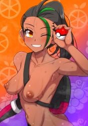 1girls aikawa_arika ass backpack bag black_hair breasts casual_nudity collar dark-skinned_female female female_only green_highlights holding_object holding_poke_ball holding_pokeball multicolored_hair naked naked_female nemona_(pokemon) nipples nude nude_female one_eye_closed one_eye_open orange_background orange_eyes pixiv pokeball pokemon pokemon_sv ponytail pubic_hair pubic_hair_peek purple_background small_breasts smile smiling solo sweat sweating wet wink