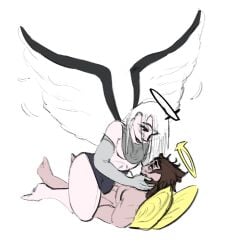 adam_(hazbin_hotel) clothed clothing cowgirl_position cuddling duo enly feathered_wings feathers female hand_on_hair hazbin_hotel human humanoid lute_(hazbin_hotel) male male/female mammal vaginal_penetration wings