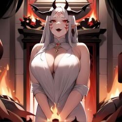 ai_generated big_breasts cleavage demon demon_girl demon_horns elf_ears facial_markings fangs fire forehead_mark glowing_eyes horns large_breasts lingerie looking_at_viewer lust lustful_gaze red_eyes sharp_teeth solo solo_female solo_focus standing succubus thee_voiid white_hair