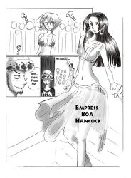 1boy 2girls big_breasts blush boa_hancock breasts cleavage comic crop_top english_text female female_focus hat long_hair male marguerite monochrome navel one_piece page_1 roronoaxphantom short_hair snake_earrings speech_bubble trafalgar_law