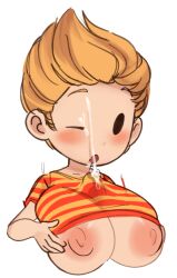 1boy 1girls blonde_hair blush clothed cum cum_on_face cum_through_clothes genderswap genderswap_(mtf) huge_breasts lucas mob_face mother_3 paizuri paizuri_under_clothes rule_63