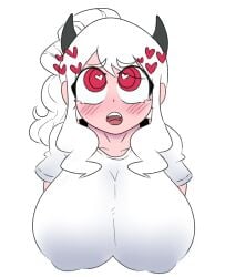 1girls aroused big_breasts blush blush_lines breasts busty clothing demon demon_girl female female_only heart-shaped_pupils helltaker huge_breasts inakotho large_breasts looking_at_viewer looking_up modeus_(helltaker) nipple_bulge nipples open_mouth red_eyes shirt simple_background solo solo_female straight_hair upper_body white_background white_hair