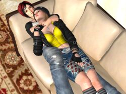 3d blonde_hair blue_eyes brown_eyes cuddling dead_or_alive mila_(doa) red_hair romantic sofa tina_armstrong yuri