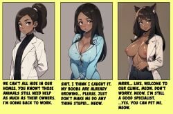 ai_generated bimbofication cat_ears cat_tail catgirl cleavage dark-skinned_female female huge_ass huge_breasts lab_coat labcoat lewdgumiho midriff navel nerd nerdy nerdy_female scientist thick_thighs transformation transformation_sequence wide_hips