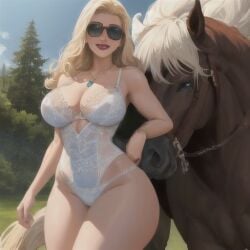 ai_generated big_breasts blonde_hair blueblaster69 bra breasts curvy curvy_female emma_frost female female_only hellfire_club horse hourglass_figure large_breasts marvel marvel_comics necklace panties sunglasses white_queen x-men