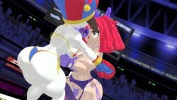 2024 2girls 3d_(artwork) amethystorchidarena auburn_hair bikini boxing boxing_gloves boxing_ring button_eye curvy curvy_female doll fight fighting fighting_ring humanoid jester_hat lingerie low_blow mmd pomni_(the_amazing_digital_circus) purple_bowtie purple_boxing_gloves ragatha_(the_amazing_digital_circus) ryona stomach_punch swimsuit the_amazing_digital_circus