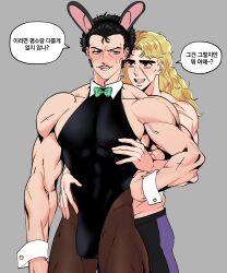 2boys bunny_boy bunny_costume bunny_ears bunnysuit crossdressing dialogue gay jojo's_bizarre_adventure male male/male male_only manly_crossdresser meonji pantyhose phantom_blood robert_edward_o_speedwagon text translation_request william_antonio_zeppeli yaoi