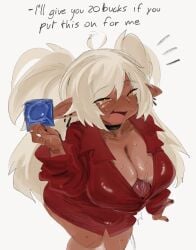 1futa ahoge autopaizuri autopaizuri_under_clothes ball_bulge big_breasts blush bowlboxer breasts bulge choker clothed clothing condom dark-skinned_futanari dark_elf dark_skin dialogue elf elf_ears elf_futanari english_text erection futa_only futanari hi_res holding_condom huge_cock humanoid humanoid_penis khentaiu long_hair mostly_clothed narrowed_eyes open_mouth penis penis_between_breasts precum precum_ejaculation shirt shirt_only solo standing text thick_thighs twintails white_background white_hair wide_hips yellow_eyes zanamaoria