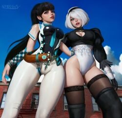 1boy 2girls admdraws alternate_color ass_visible_through_thighs bare_hips big_breasts black_hair blue_eyes bodysuit breasts cleavage clothing crossover eve_(stellar_blade) female female_focus giantess hairband large_breasts light-skinned_female light-skinned_male light_skin lingerie lipstick long_hair macro makeup male nier nier:_automata planet_diving_suit_(6th)_(stellar_blade) ponytail shiny_clothes short_hair size_difference standing stellar_blade thick_thighs thighhighs thighs very_long_hair white_hair yorha_2b