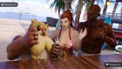 1girls 2boys 3d auburn_hair beach bikini black_male blizzard_entertainment brigitte dark-skinned_male day daytime eskandart female light-skinned_female light_skin male overwatch overwatch_2 swedish tattooed_female torbjörn