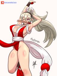 1girls alternate_costume alternate_hairstyle breasts cleavage corrin_(fire_emblem) corrin_(fire_emblem)_(female) crossover fatal_fury fire_emblem fire_emblem_fates king_of_fighters mai_shiranui mai_shiranui_(cosplay) nintendo one_eye_closed ponytail raydango red_eyes snk solo thighs white_hair